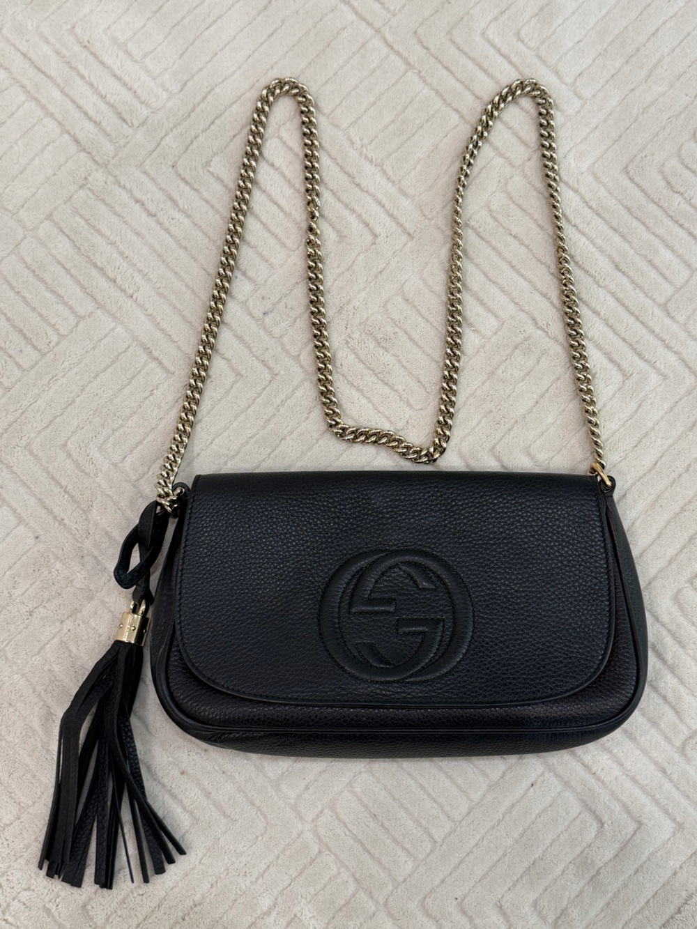 Gucci Black Pebbled Leather Crossbody with Gold Chain